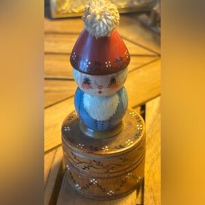 Vintage Kokeshi Santa Doll Trinket Box 5”x3” Hand-Painted Wood Figurine Japanese